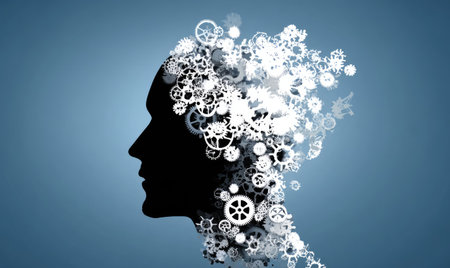 Silhouette of human head against blue background with vignetteの素材