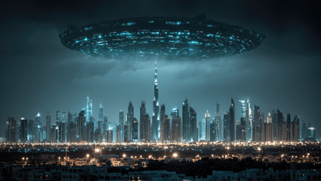 Futuristic flying saucer over the city of Dubai at nightの素材