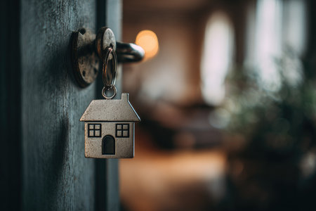 House key with keychain in the shape of a house on a wooden doorの素材