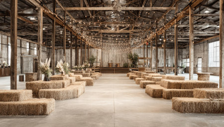 Interior of a church with a lot of chairs and wooden ceilingの素材