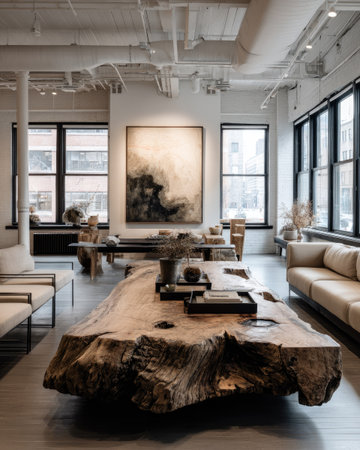 Interior of a modern living room with a view of the cityの素材