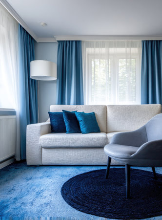 interior of a modern living room with a sofa and blue curtainsの素材