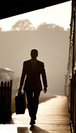 Silhouette of a businessman with briefcase walking on the bridgeの素材