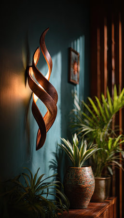 Wooden decorative elements on a shelf in a room with plants.の素材