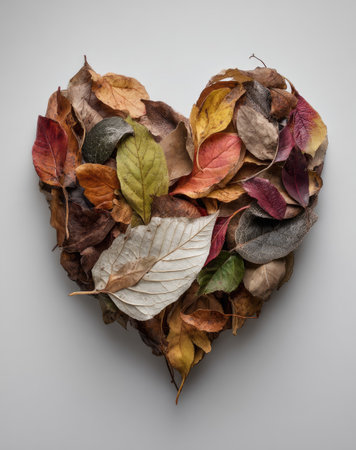 Autumn leaves in the shape of a heart on a gray backgroundの素材