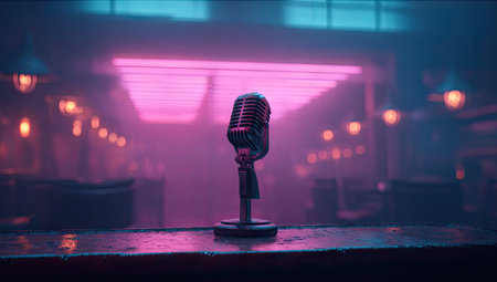 Vintage microphone on the stage in a nightclub. Music concept.の素材