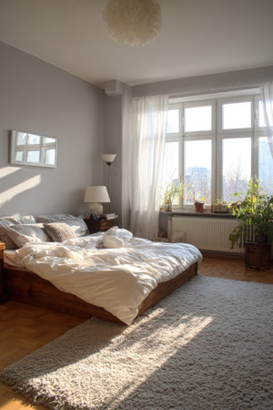 Interior of a modern bedroom with white walls and wooden floor.の素材