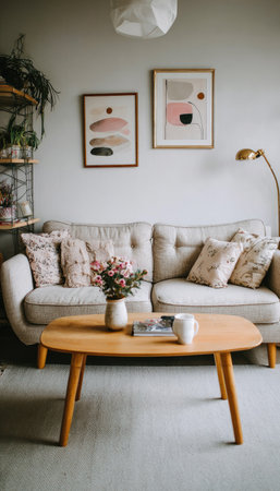 Cozy living room interior with sofa, coffee table and picture framesの素材