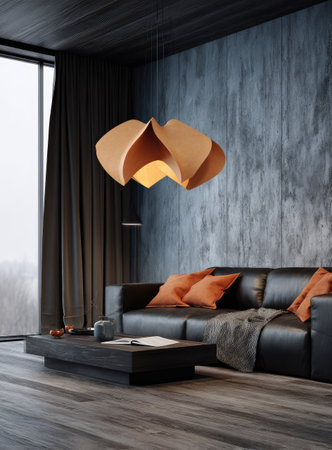 Modern living room interior with gray walls, wooden floor, black sofa with orange cushions and coffee table. 3d renderingの素材