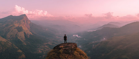 Silhouette of a man standing on the top of a mountain and watching the sunriseの素材