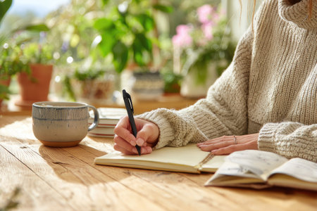 Woman writing in notebook at home. Close-up of female hands writing in notebook.の素材