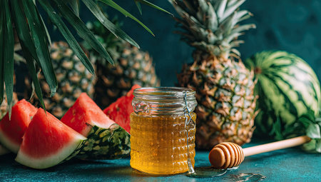Honey in a glass jar with watermelon and pineapplesの素材