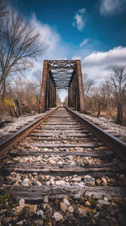 Abandoned railway bridge over the river in the early spring.の素材