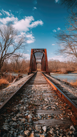 Abandoned railway bridge over a river in the early spring.の素材
