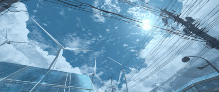 solar energy against blue sky with white clouds 3d-illustrationの素材
