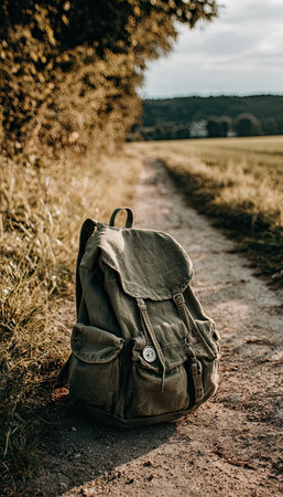 Abandoned backpack on the road in the countryside. Travel conceptの素材
