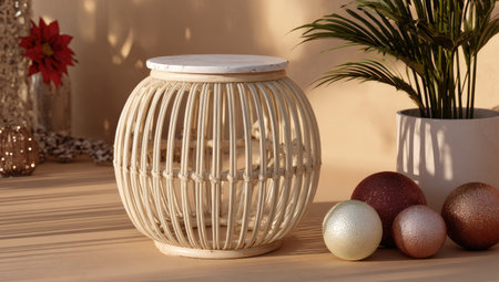 Decorative wicker vase with christmas balls on wooden tableの素材