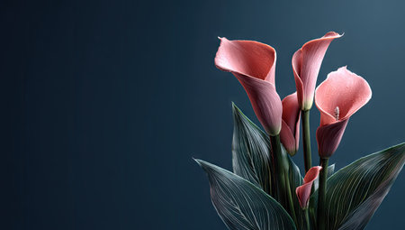 Beautiful pink calla lily flowers on dark blue background.の素材
