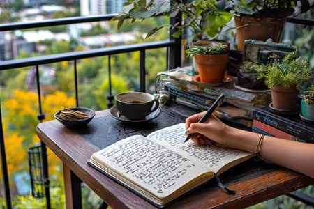 Woman writing in notebook at terrace with cup of coffee and book on tableの素材