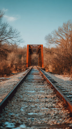 Railway bridge over a frozen river in winter. Retro style.の素材