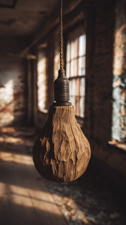 Vintage light bulb hanging on a rope in an old abandoned buildingの素材