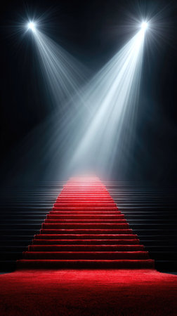 Red carpet illuminated by spotlights in a dark room, 3d renderの素材