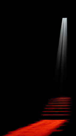 Red carpet illuminated by a spotlight on a black background with copy spaceの素材
