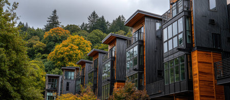 Panoramic view of a row of modern wooden houses in a rowの素材
