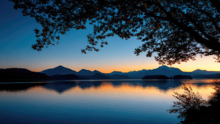 Sunset over lake with mountains in the background. Beautiful natural landscape.の素材