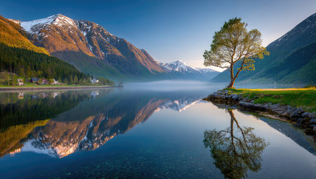 Beautiful alpine landscape with a lonely tree on the shore of the lake.の素材