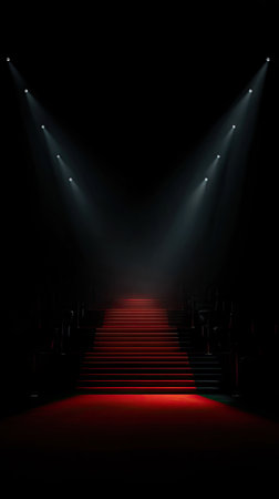 Red carpet illuminated by spotlights on a dark background. 3d renderingの素材