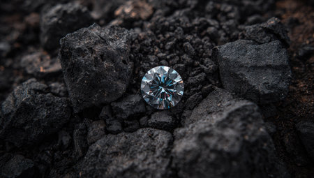 Diamond Jewelry on Black Rock Desert Background. Diamonds in the Sandの素材