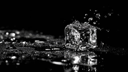 Ice cube with water drops on black background. Black and white photo.の素材