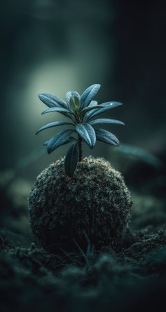 Small plant growing out of soil in a dark forest. Selective focus.の素材