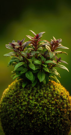 Close up view of fresh green plant on green moss in garden.の素材