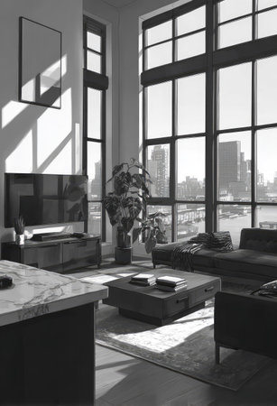 Interior of a modern living room with a large window overlooking the cityの素材