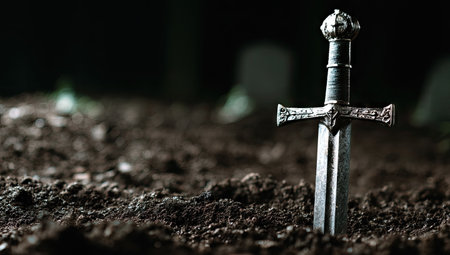 Old medieval sword in the ground. Halloween concept. Selective focus.の素材