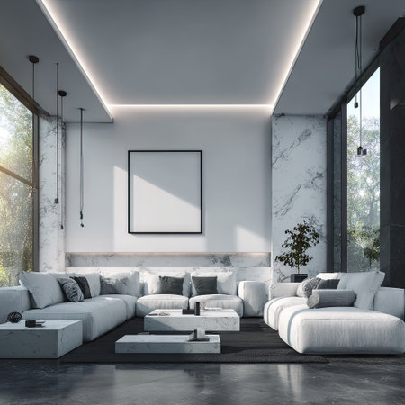 Contemporary living room interior with white walls, concrete floor, white sofas and a framed vertical poster. 3d rendering mock upの素材