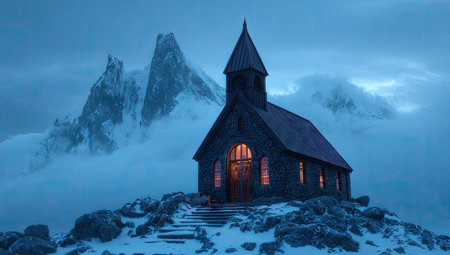 3D render of an old church in the mountains at night.の素材