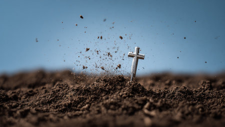 Cross in the ground. Christian concept. Cross in the soil.の素材
