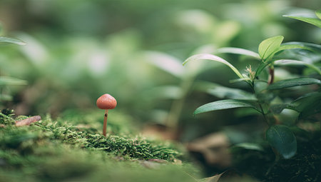 Mushroom in the forest with bokeh background and copy spaceの素材