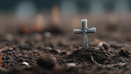 Cross in the soil. Christian concept. Cross in the ground.の素材