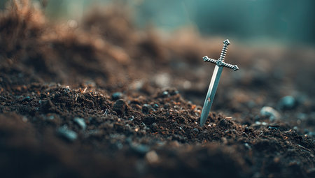 Metal cross in the ground. Conceptual image for Christian worship.の素材