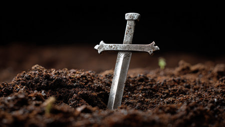 Cross in the ground on a black background. Conceptual image.の素材