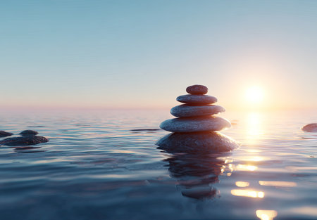Zen stones on the water at sunset. Zen concept. 3d renderingの素材