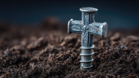 Metal cross on the ground. Conceptual image for Christian worship.の素材