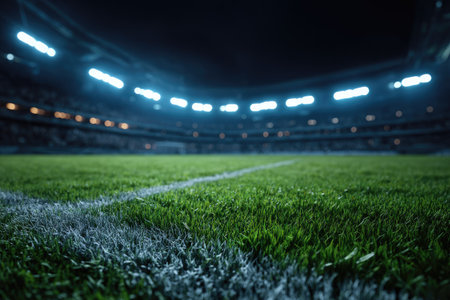 Soccer field at night with lights and spotlights. Sport backgroundの素材