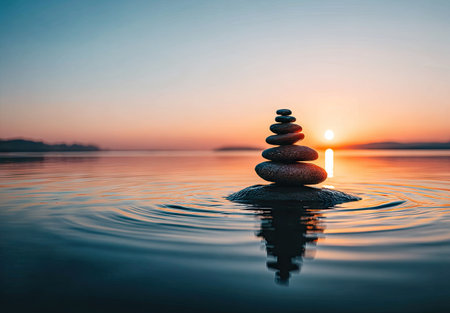 zen stones on the water at sunset. meditation and relaxation concept.の素材