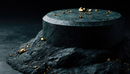 Black stone podium on dark background. 3d render illustration. Toned.の素材
