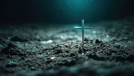 Conceptual image of a Christian cross in the ground. 3D Renderingの素材